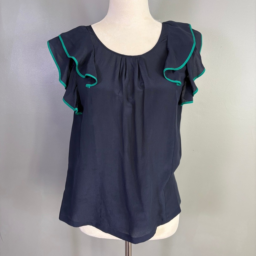 Anthropologie Odille All Aflutter Silk Blouse 2 Ruffle Twee Preppy Feminine Work